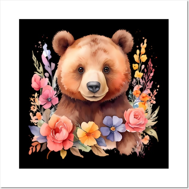 A brown bear decorated with beautiful watercolor flowers Wall Art by CreativeSparkzz